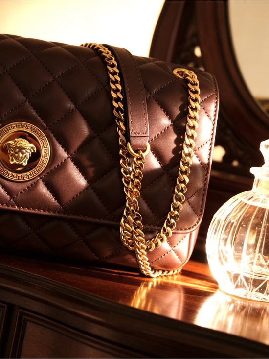 Versace Handbags - Versace La Medusa Brown Quilted Lambskin Leather Medium Crossbody Shoulder Bag